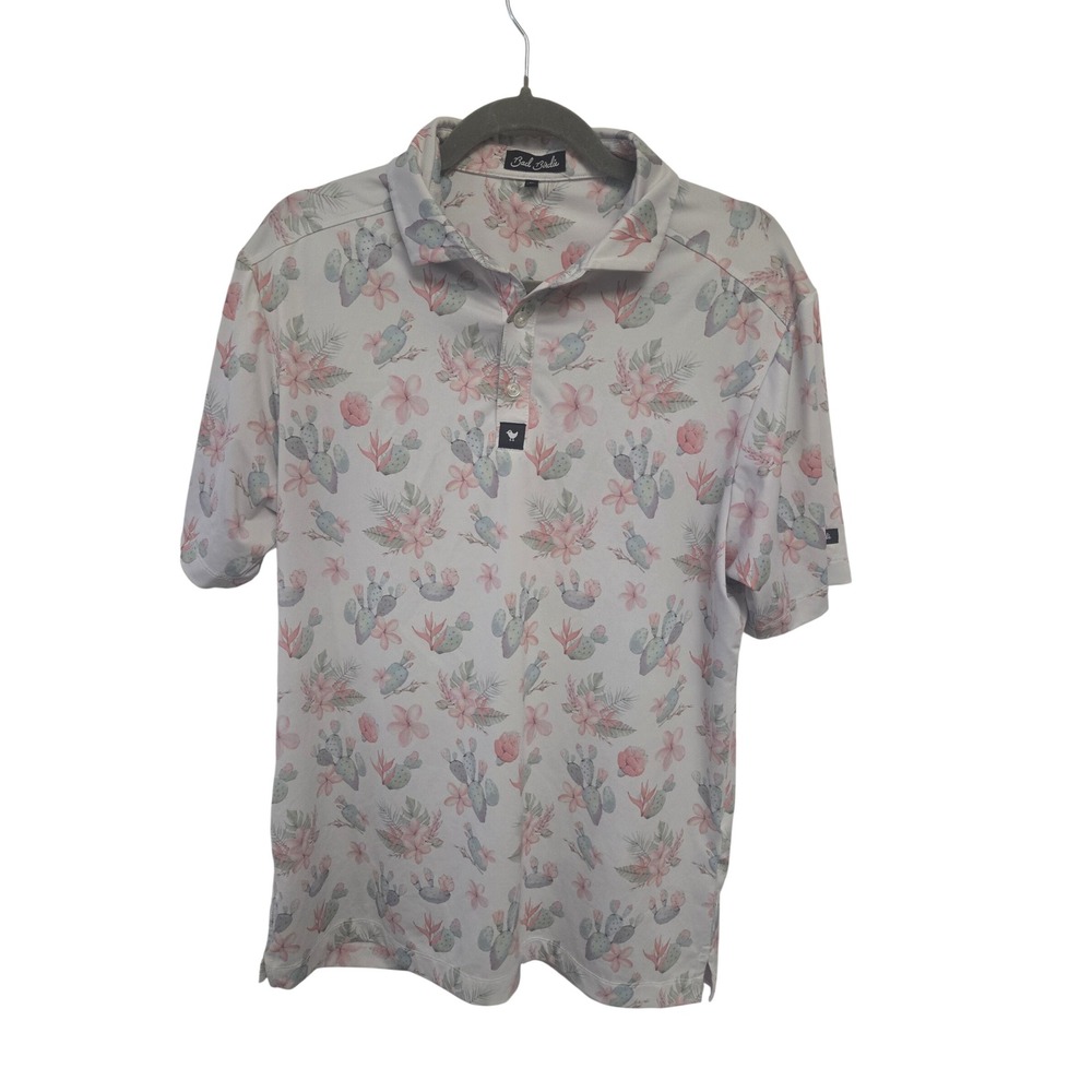 Bad Birdie Mens Golf Polo Shirt Medium White Pink Cactus Floral Print Short